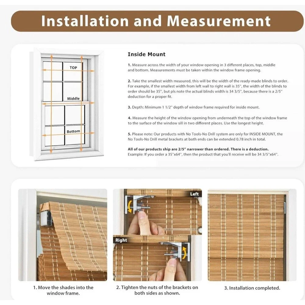 LazBlinds No Tools No Drill Cordless Bamboo Shades Light Filtering 22.5x 48